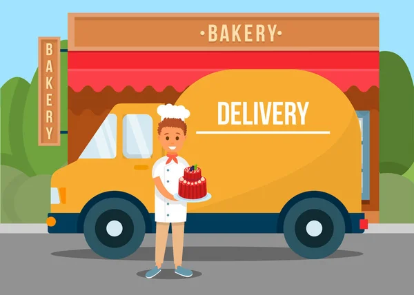 Delivery man Holding cake in de buurt van truck en bakkerij. — Stockvector
