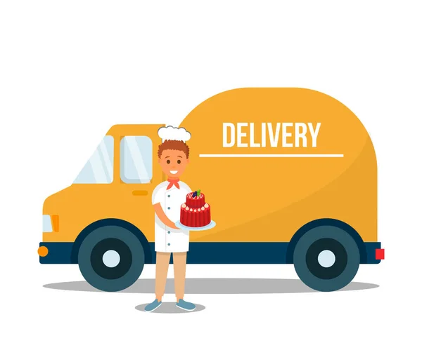 Delivery Man Holding Fruit Sweet Cake near Truck. — Stock Vector