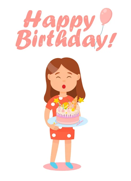Filles Célébration d'anniversaire avec gâteau savoureux rose . — Image vectorielle