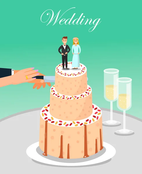 Νύφη και γαμπρός κοπής γαμήλια τούρτα μαζί. — Διανυσματικό Αρχείο