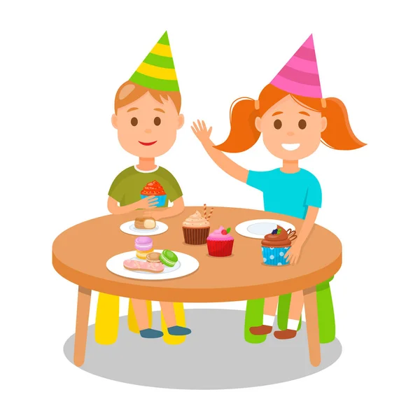 Niños celebrando fiesta de cumpleaños con cupcakes . — Vector de stock