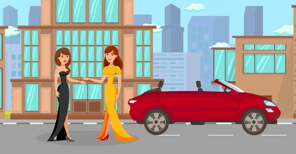 Meninas em vestidos elegantes com personagens de desenhos animados de carro —  Vetores de Stock