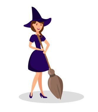 Cadı Tutan Süpürge Düz Renk İllüstrasyonu