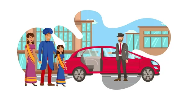 富有的印度家庭等待汽车插图 — 图库矢量图片