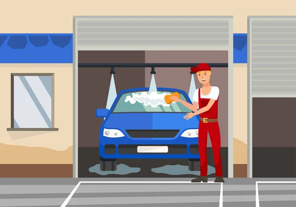 Wassen van auto platte vector kleur illustratie — Stockvector