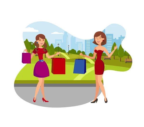 Girls élvezze Shopping lakás Vector illusztráció — Stock Vector