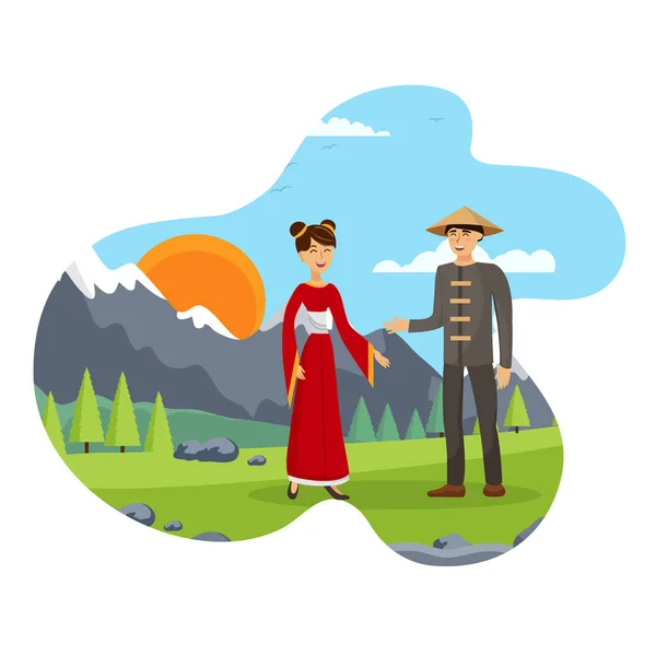 Mąż i Żona, Chińska para płaska ilustracja — Wektor stockowy