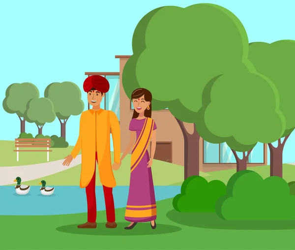 Indian Couple Walking in Park Vector Illustration — Stock Vector