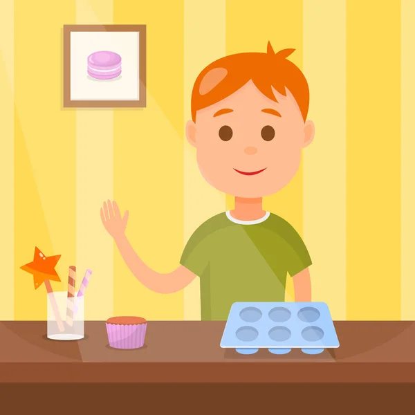 Niños cocinando sabrosos cupcakes Vector Illustration — Vector de stock