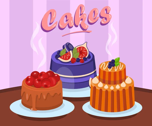 Divers gâteaux délicieux Illustration vectorielle plate — Image vectorielle