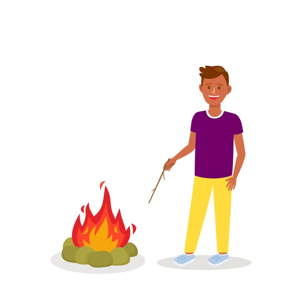 Homem de pele escura em pé perto de Bonfire Vector Clipart — Vetor de Stock