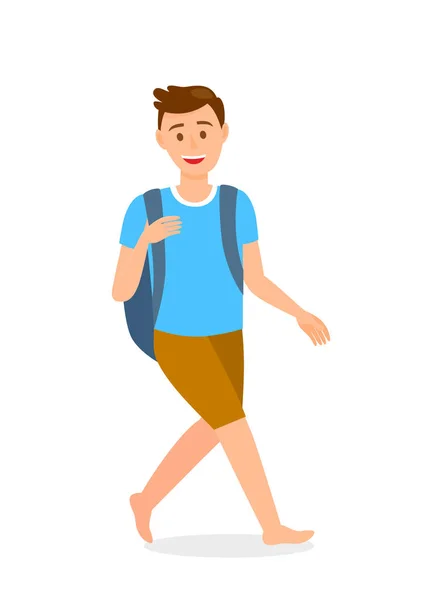 Barefooted Man with Backpack Cartoon Character — Stock Vector