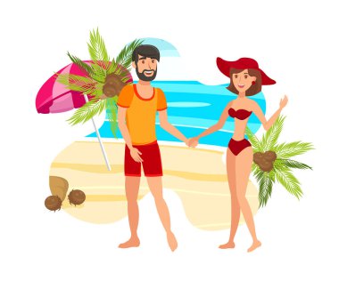 Paradise Island Düz Renk İllüstrasyon Çift