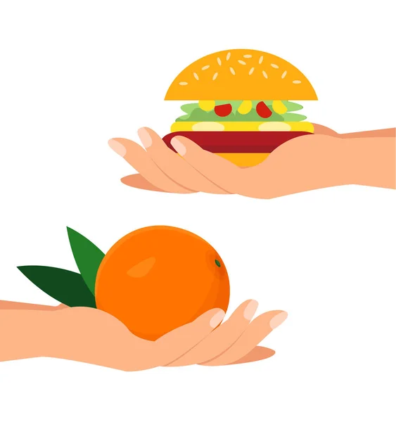 Hands Holding Orange and Burger Flat Illustration — Stock Vector