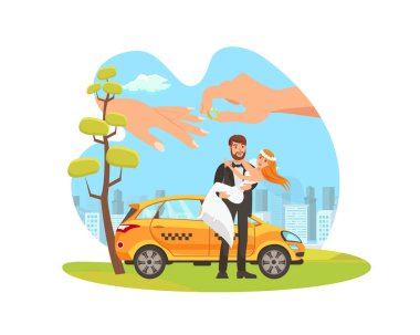 Weeding Flat Karikatür İllüstrasyon için Araç Kiralama