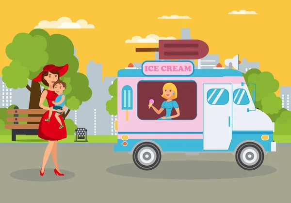 Ice Cream van a Park lapos vektor illusztráció — Stock Vector