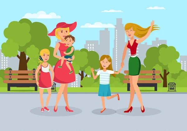 Rodiče s dětmi sejít na procházce Flat-ilustrace — Stockový vektor