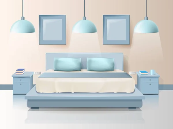 Modernes Schlafzimmer-Design mit trendiger Beleuchtung Cartoon — Stockvektor