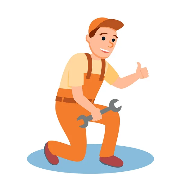 Happy Male Plumber in Uniform Wrench Tool in Hand — Stock Vector
