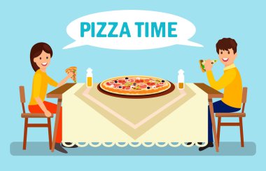 Pizzeria Flat İllüstrasyon Da Akşam Yemeği Olan Çift
