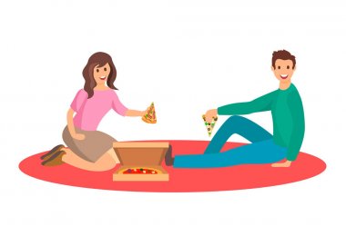 Piknik Düz İllüstrasyon Üzerinde Çift Yeme Pizza