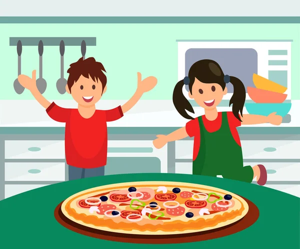 Barn som har pizza för lunch platt illustration — Stock vektor