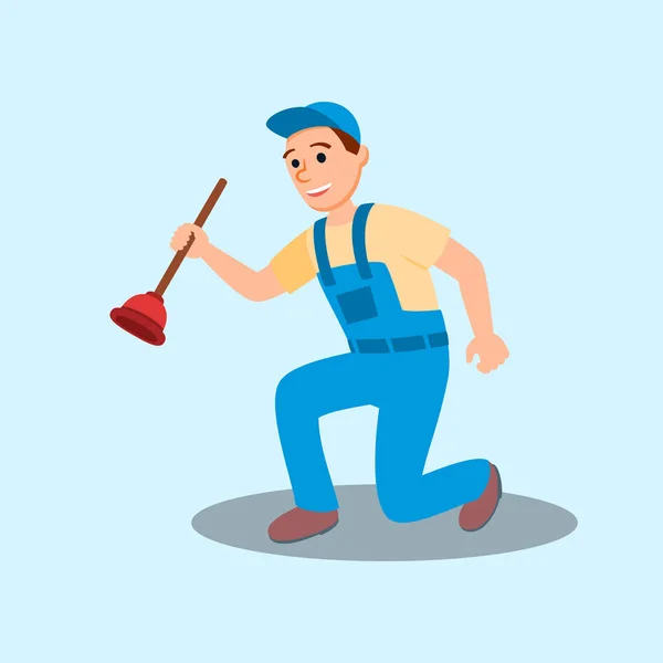 Man Plumber Cartoon Character Holding Plunger Tool — Stock Vector