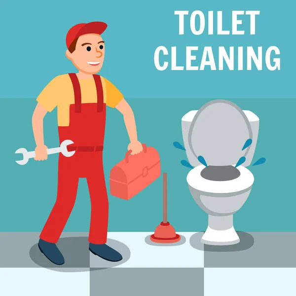 Dessin animé de plombier masculin avec outil de clé près des toilettes — Image vectorielle
