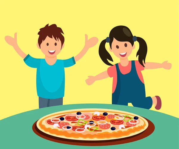 Niños comiendo pizza para la cena Ilustración — Vector de stock