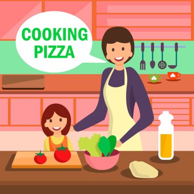 Anne ve Kızı Pişirme Pizza İllüstrasyon