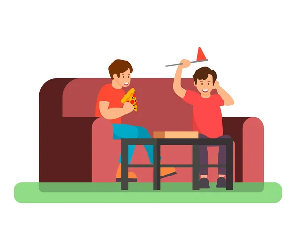 Amigos comiendo pizza Color Vector Ilustración — Archivo Imágenes Vectoriales