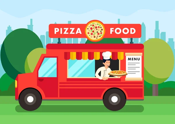Koch im Pizza Food Truck Cartoon Illustration — Stockvektor