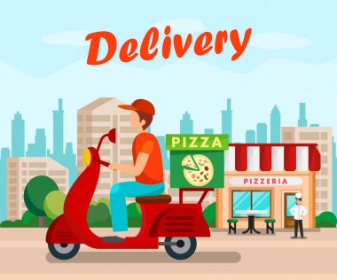 Kurye Sürüş Motosiklet Düz Karikatür Afiş