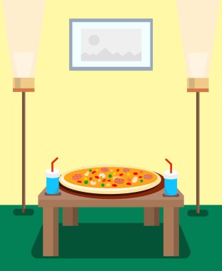 Pizza ve Gazlı İçecekler Karikatür Vektör İllüstrasyon