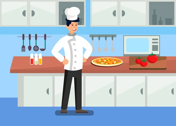 Chef-kok in professionele keuken cartoon illustratie — Stockvector