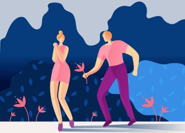 Romantik Çift Park Karikatür Düz Yürüyüş.