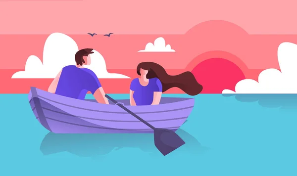 Liebhaber Kerl mit Mädchen Bootfahren auf See Cartoon flach. — Stockvektor