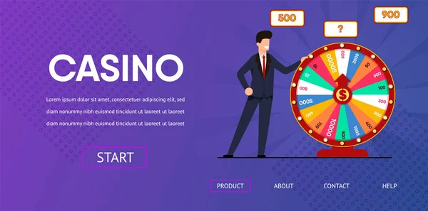 Hombre feliz cerca de Spin Wheel Fortune Illustration — Vector de stock