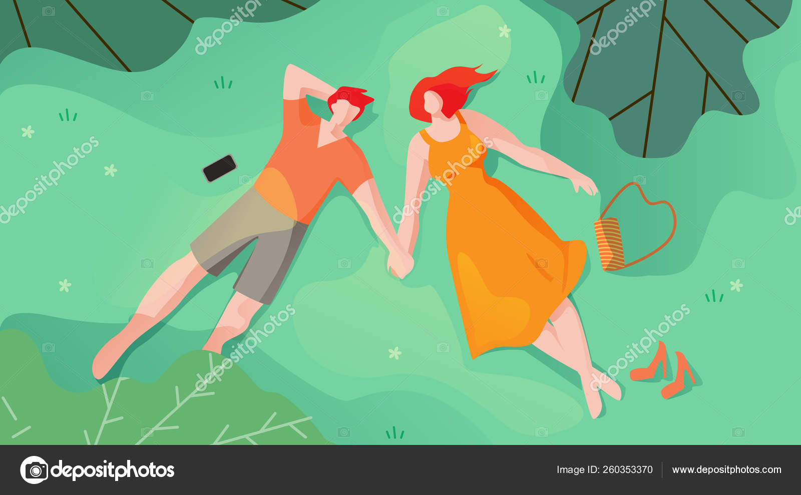 Влюбленная Пара Лжет На Грасс И Смотрит На Небо Плоской.