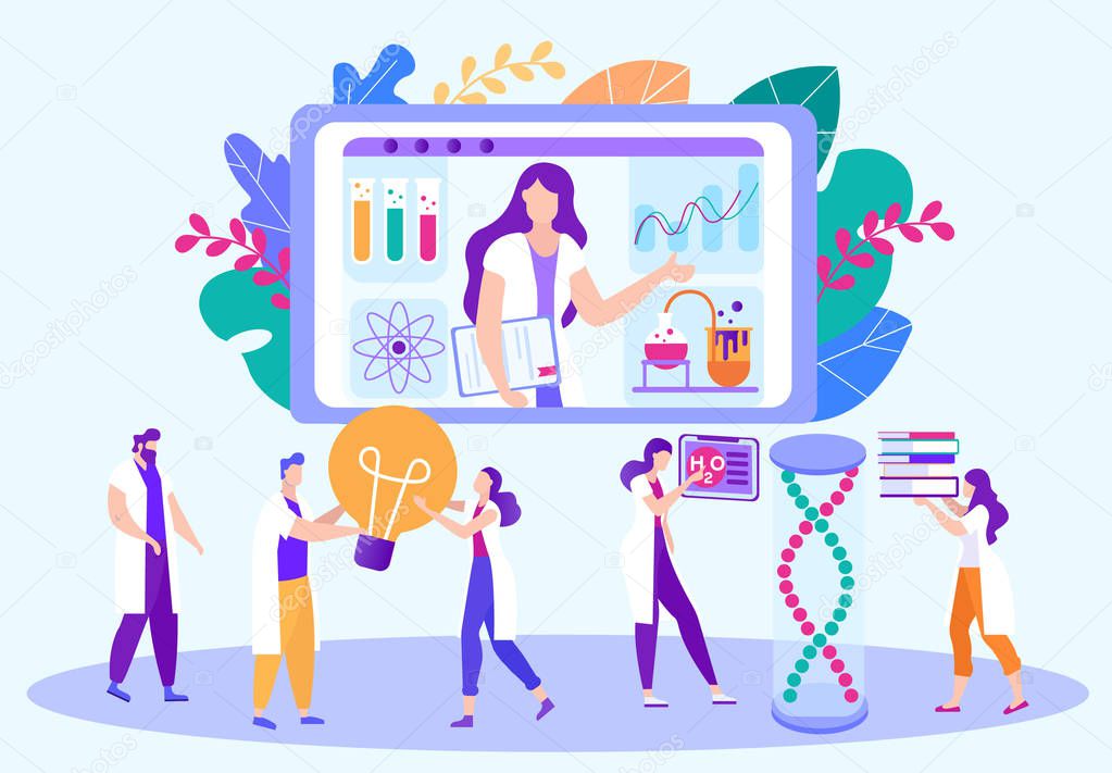 Flat Vector Illustration Remote Laboratory Work. Chemistry Lessons E-learning. People Repeat after Teacher, Lesson Broadcast through Webinar Channel. Screen Woman Shows Chemical Experience.
