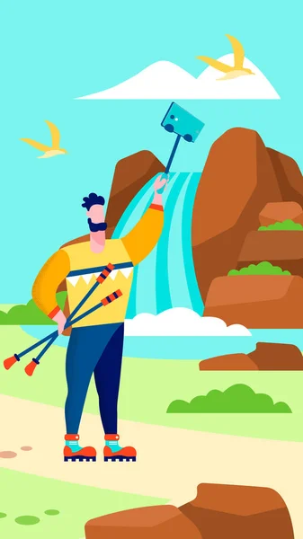 Hombre tomando selfie en cascada viajando Vlog Page — Vector de stock