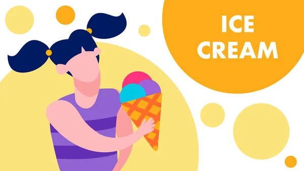 Ice Cream Text and Happy Cartoon Girl Flat Banner — Stock Vector