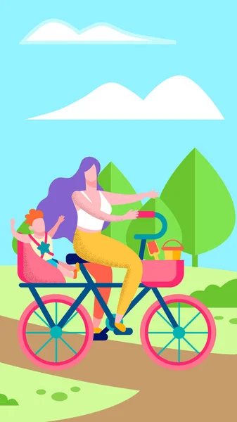 Banner verticale piatto madre e figlio in bicicletta — Vettoriale Stock