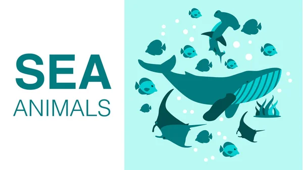 Mar Animales Publicidad Dibujos animados planos Diseño de banner — Archivo Imágenes Vectoriales
