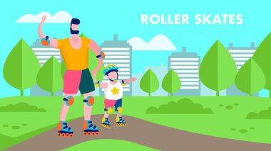 Karikatür Aile Roller Paten Düz Spor Banner Metin
