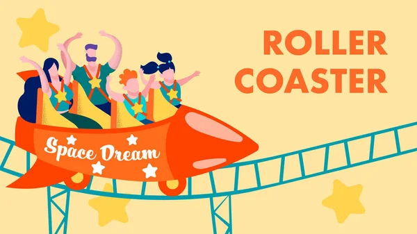 Cartoon Rollercoaster Içinde Amusement Park Flat Kart — Stok Vektör