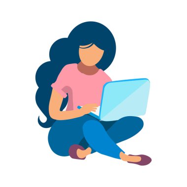 Laptop Düz Renk İllüstrasyonuyla Çalışan Kadın