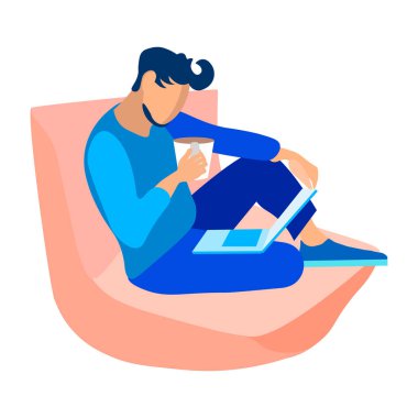 Laptoplu genç adam, Kahve Vektörü İllüstrasyonu