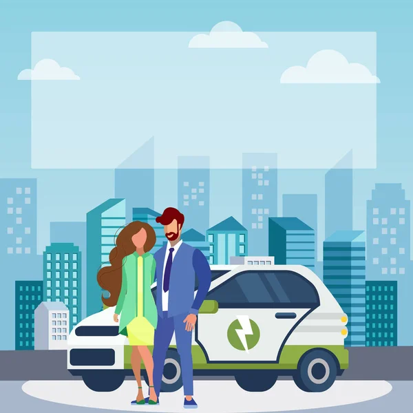 Couple near Electric Car Flat Vector Illustration — Stock Vector