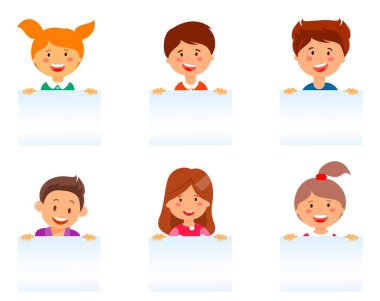 Düz Karikatür Seti Gülen Avrupalı Çocuklar.